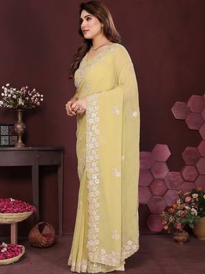 Yellow embellished embroidered pure chiffon heavy work saree 3