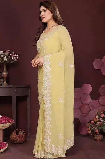 Yellow embellished embroidered pure chiffon heavy work saree