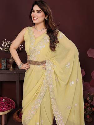 Yellow embellished embroidered pure chiffon heavy work saree 4