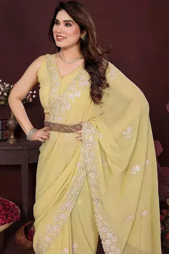 Yellow embellished embroidered pure chiffon heavy work saree
