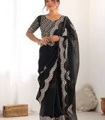 Black embellished sequinned organza heavy work saree