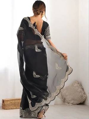 Black embellished sequinned organza heavy work saree 2