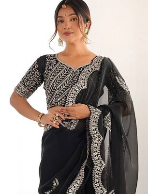 Black embellished sequinned organza heavy work saree 3