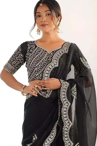 Black embellished sequinned organza heavy work saree
