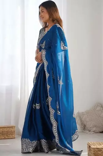 Blue embellished sequinned organza heavy work saree