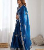 Blue embellished sequinned organza heavy work saree