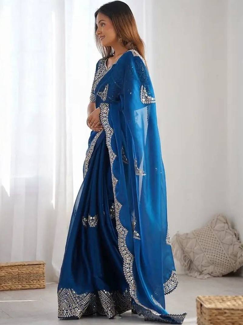 Blue embellished sequinned organza heavy work saree