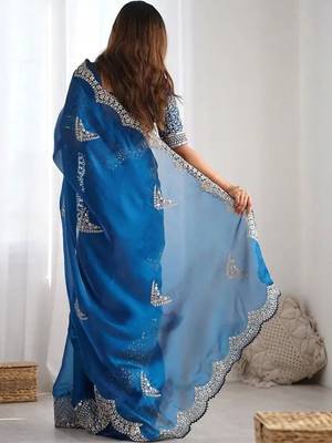 Blue embellished sequinned organza heavy work saree 2