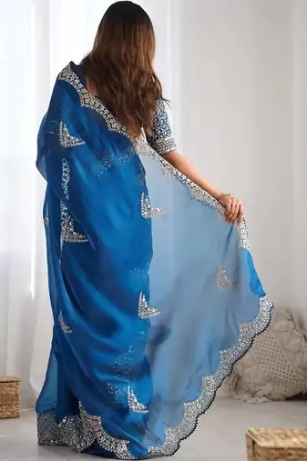 Blue embellished sequinned organza heavy work saree