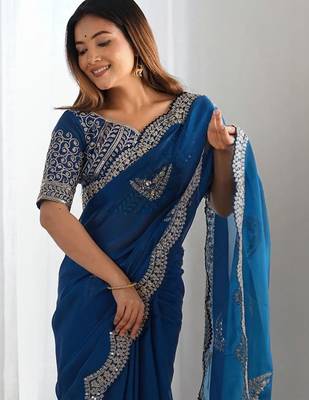 Blue embellished sequinned organza heavy work saree 3