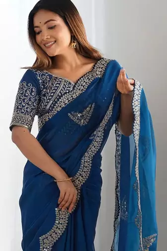 Blue embellished sequinned organza heavy work saree
