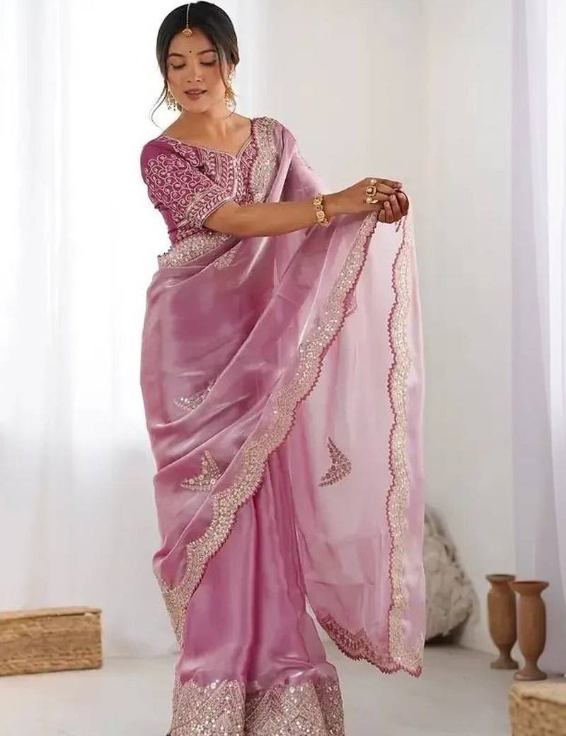 Pink embellished organza saree