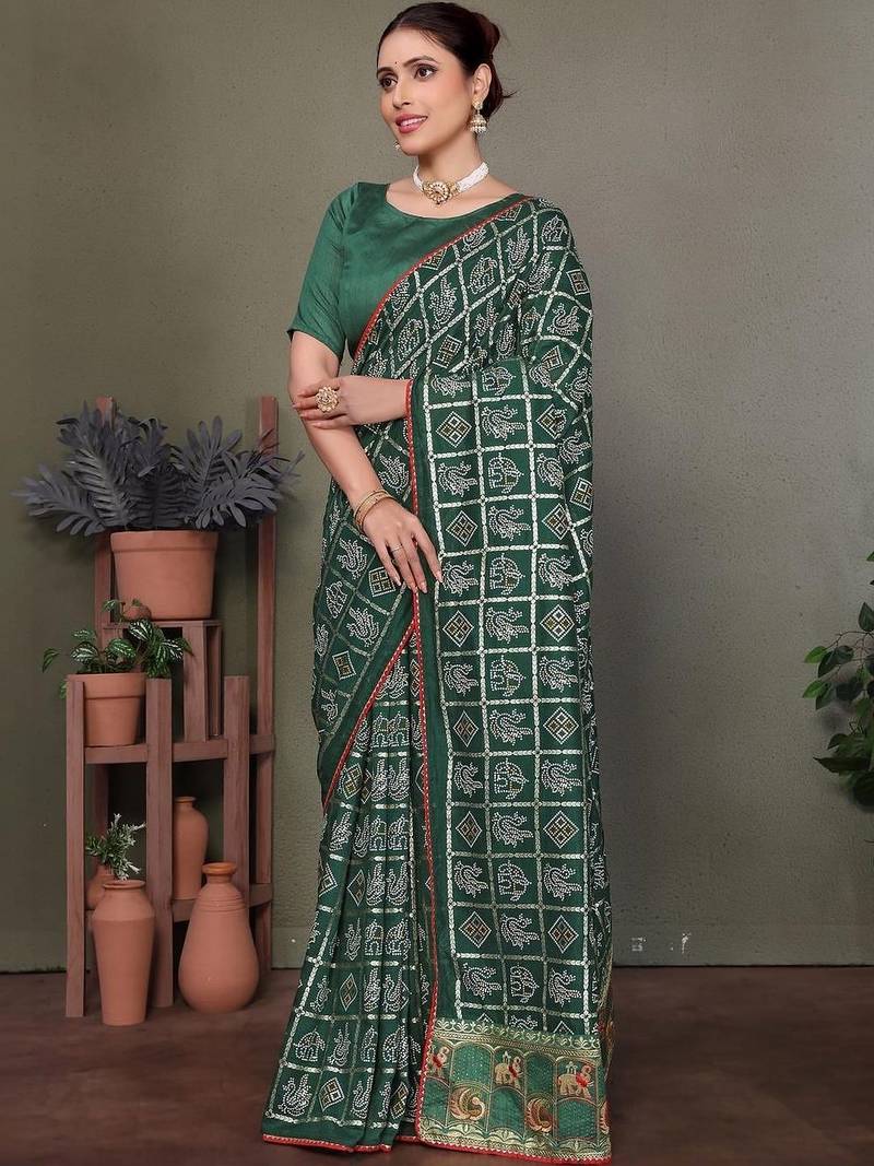 Green ethnic motifs saree