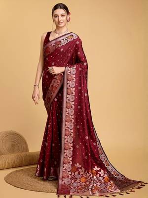 Maroon floral woven design saree with unstitched blouse piece 1