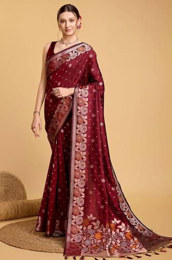 Maroon floral woven design saree with unstitched blouse piece