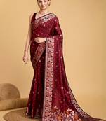 Maroon floral woven design saree with unstitched blouse piece