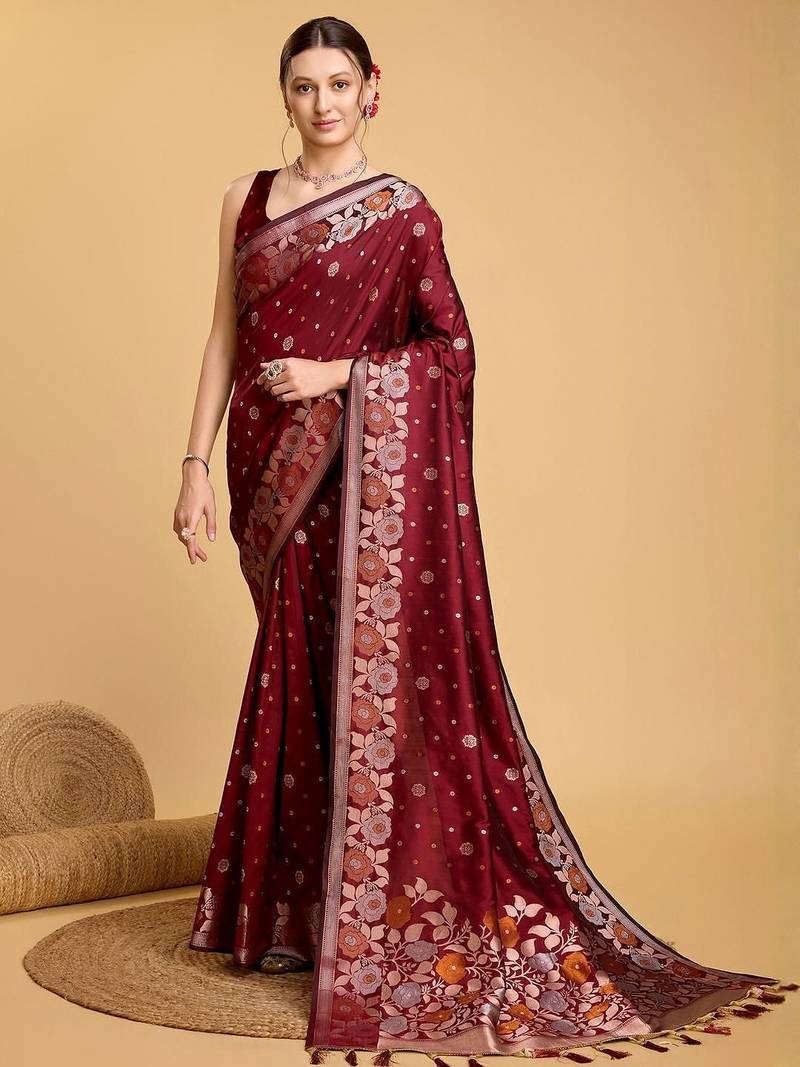 Maroon floral woven design saree with unstitched blouse piece