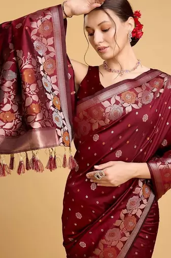 Maroon floral woven design saree with unstitched blouse piece