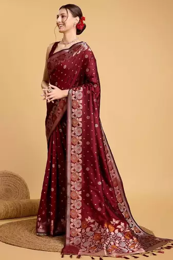Maroon floral woven design saree with unstitched blouse piece