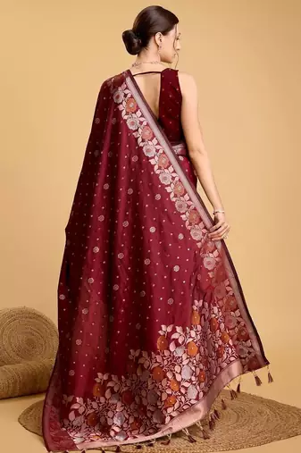 Maroon floral woven design saree with unstitched blouse piece