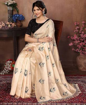Cream floral embroidered organza saree 1