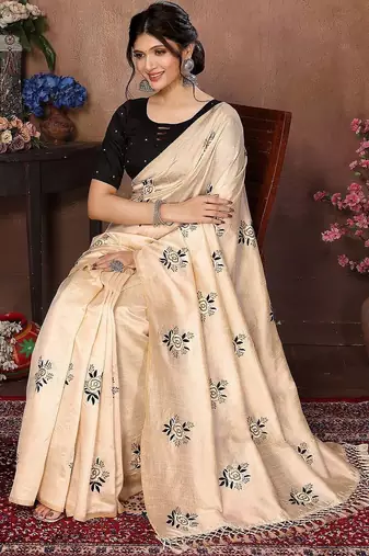 Cream floral embroidered organza saree