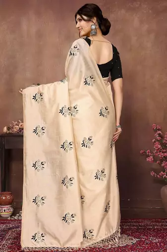 Cream floral embroidered organza saree