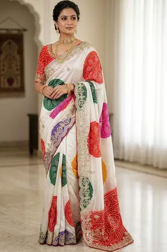 Off white bandhani zari silk blend designer bandhani saree