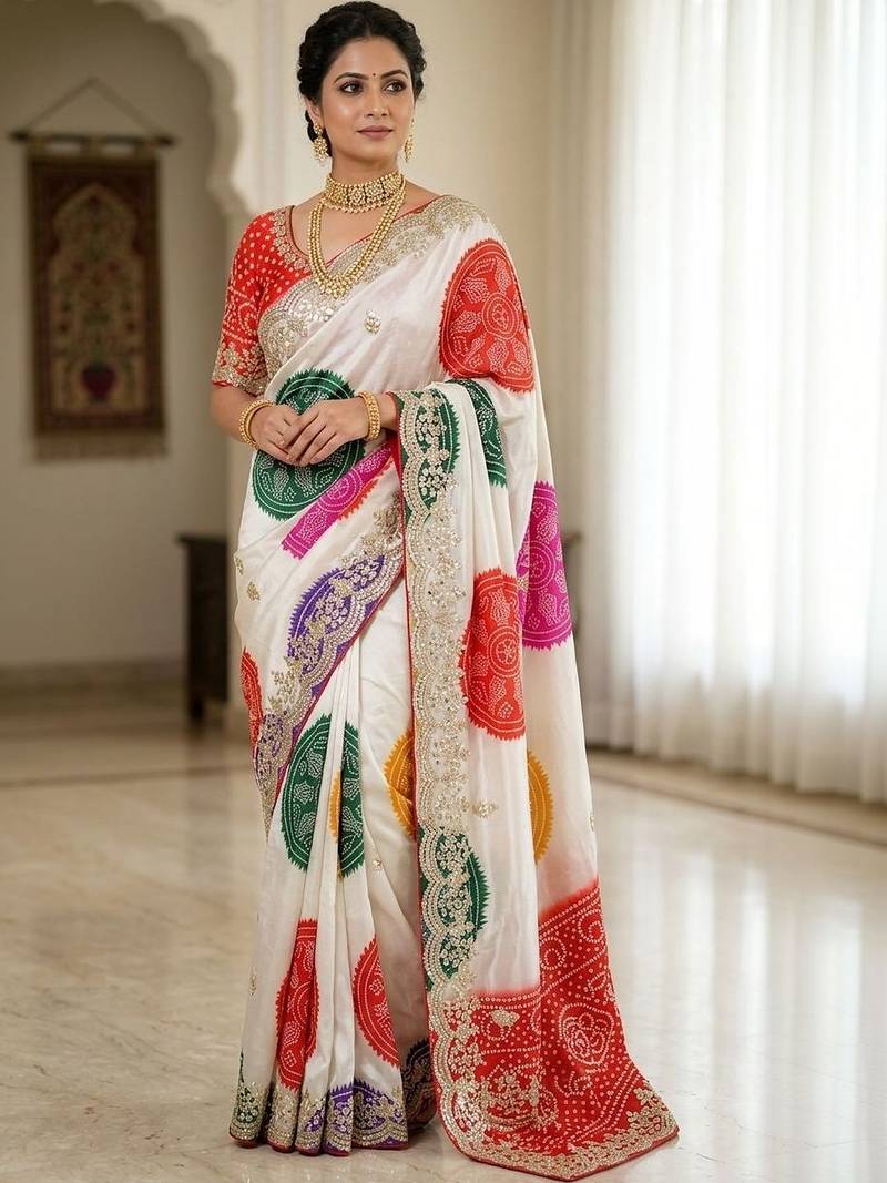 Off white bandhani zari silk blend designer bandhani saree