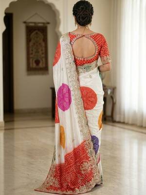 Off white bandhani zari silk blend designer bandhani saree 2