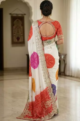 Off white bandhani zari silk blend designer bandhani saree