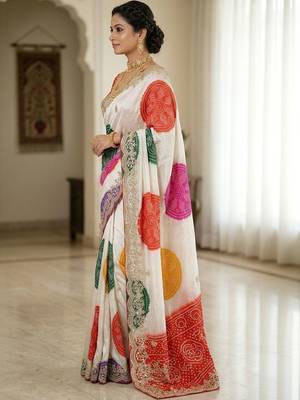 Off white bandhani zari silk blend designer bandhani saree 3