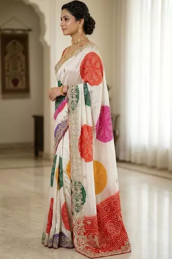 Off white bandhani zari silk blend designer bandhani saree