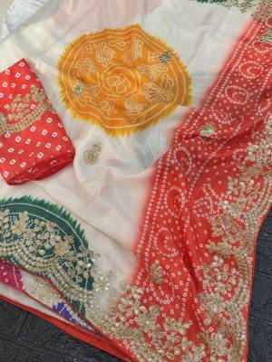 Off white bandhani zari silk blend designer bandhani saree 4