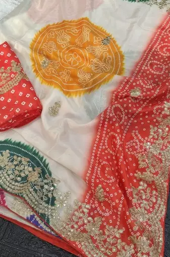 Off white bandhani zari silk blend designer bandhani saree