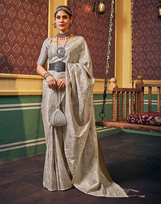 Grey woven design ethnic motifs zari saree 1