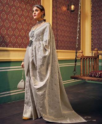 Grey woven design ethnic motifs zari saree 2