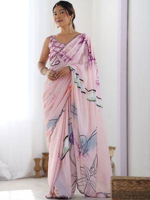 Pink floral mirror work pure chiffon saree 1