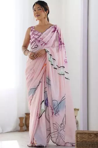 Pink floral mirror work pure chiffon saree