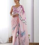 Pink floral mirror work pure chiffon saree