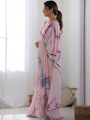 Pink floral mirror work pure chiffon saree 2