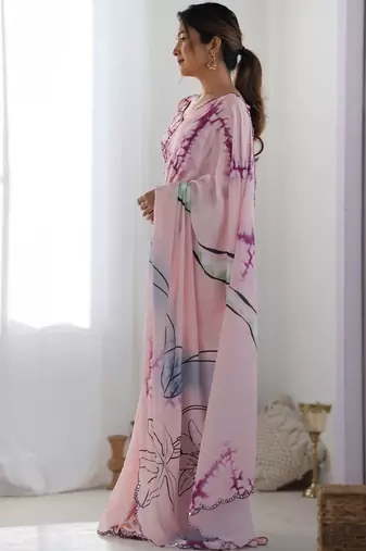 Pink floral mirror work pure chiffon saree