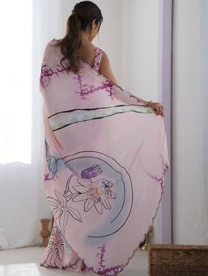 Pink floral mirror work pure chiffon saree 3