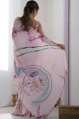 Pink floral mirror work pure chiffon saree
