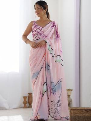 Pink floral mirror work pure chiffon saree 4