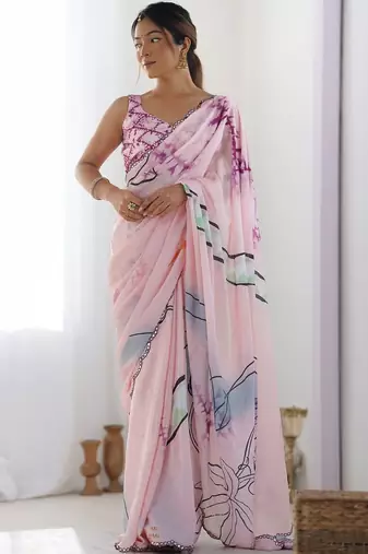 Pink floral mirror work pure chiffon saree