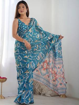 Teal mirror work pure chiffon saree 1