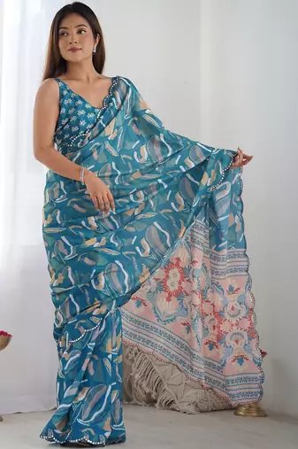 Teal mirror work pure chiffon saree