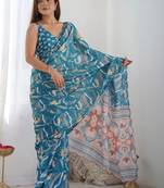 Teal mirror work pure chiffon saree