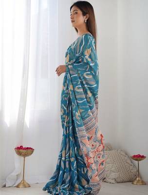 Teal mirror work pure chiffon saree 2